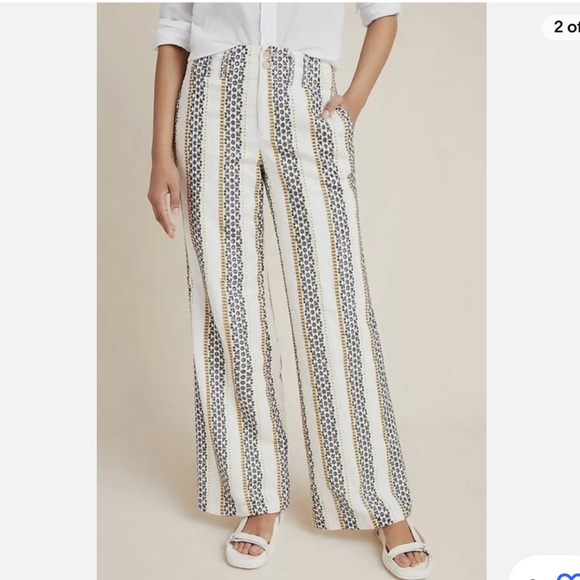 Anthropologie - Embroidered linen Striped Boho Wide Leg High Rise Eyelet Pants - Picture 2 of 6